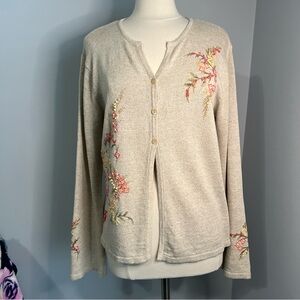 Talbots L Beige Tan Embroidered Floral Linen Blend Cardigan Sweater
